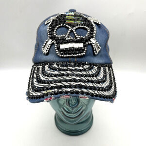 Y2K CSI Headwear Denim Skull & Crossbones Bling Rhinestone Baseball Hat OSFM